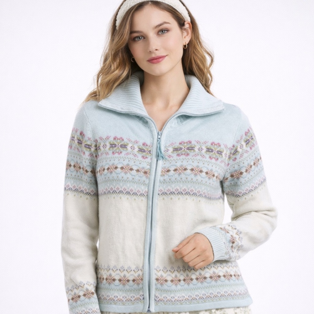 Vintage Cardigan Fair Isle Nordic Zip Up Sweater Medium 90’s Tiara International
